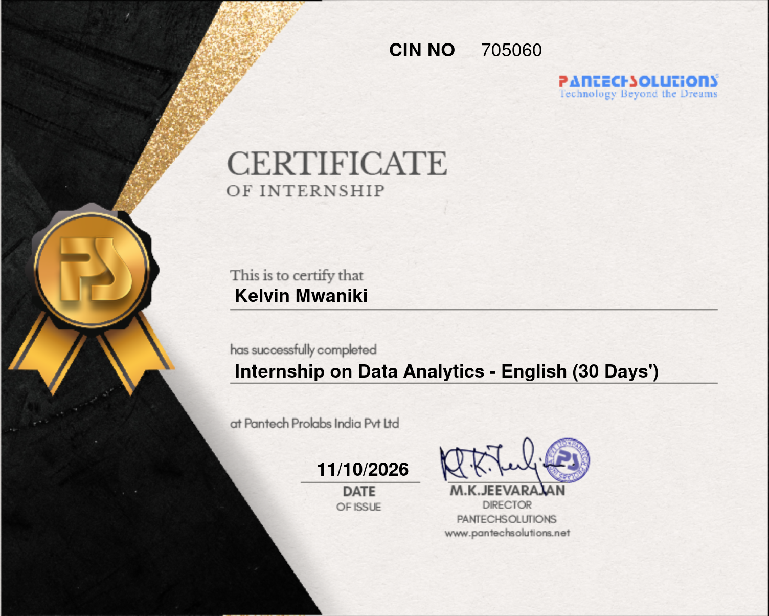 Pantech certificate: Data Analytics Internship