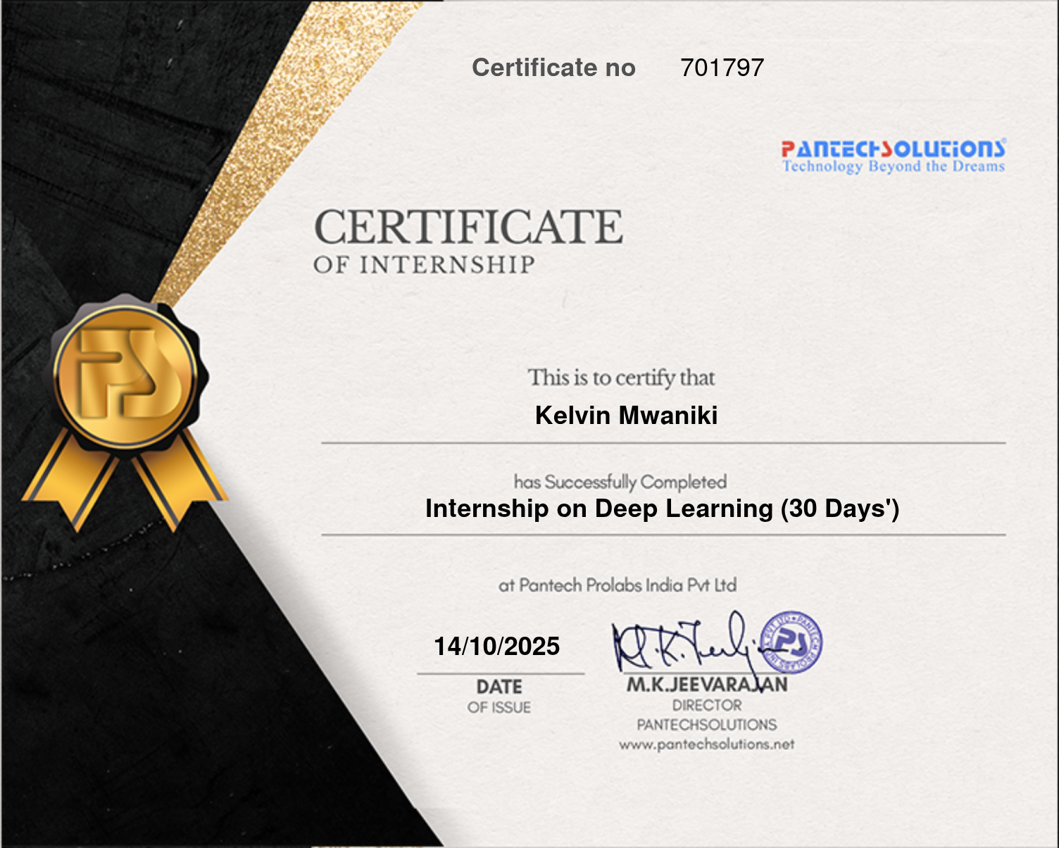 Pantech certificate of internship in deep learning