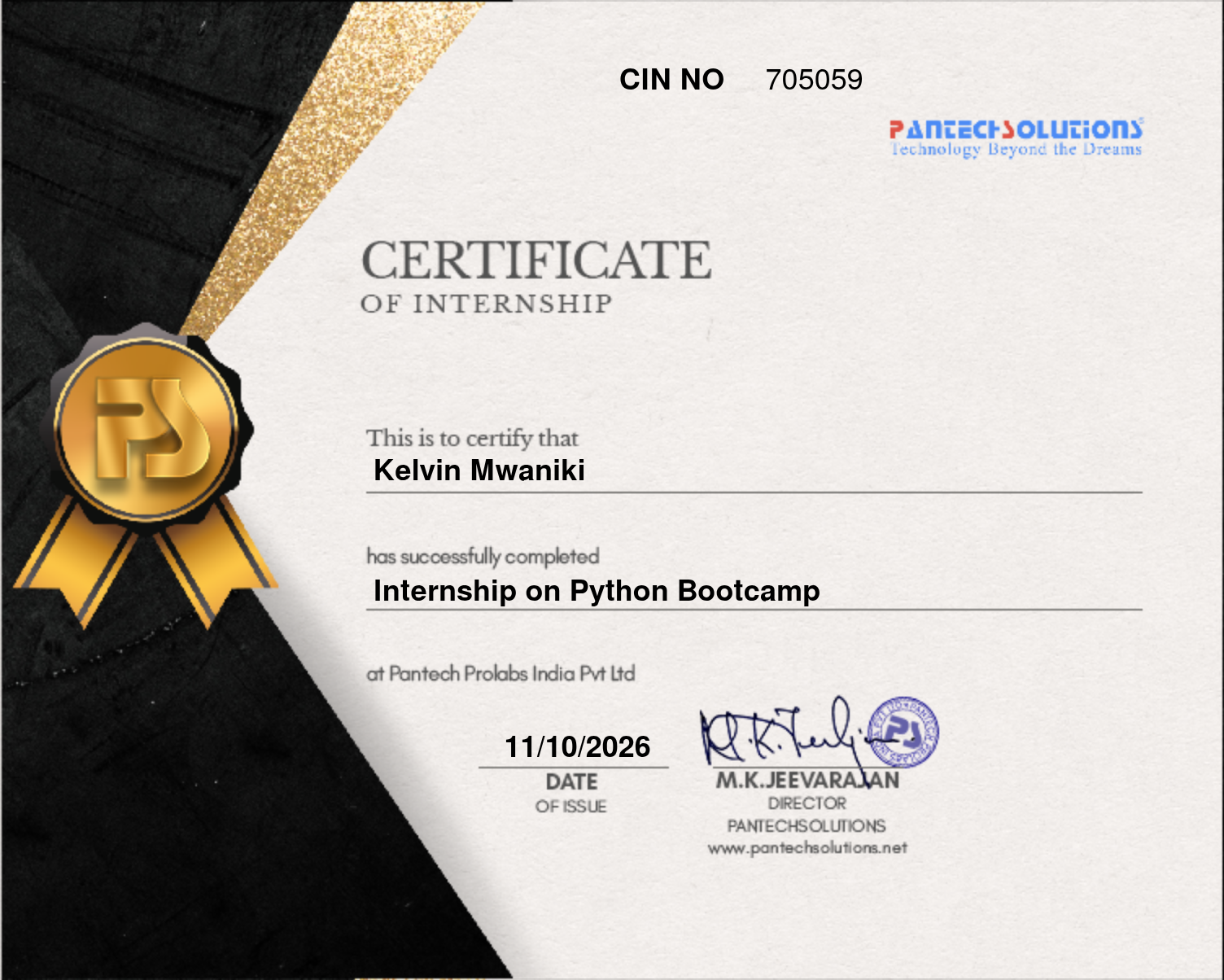 Pantech certificate: Python Bootcamp Internship