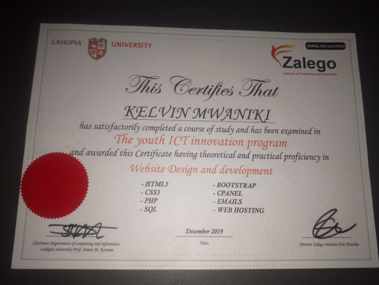 Laikipia University and Zalego website design certificate